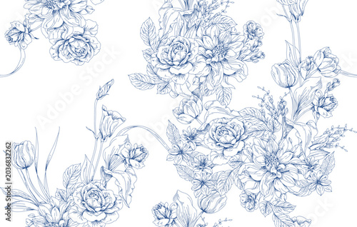 Seamless toile flower pattern in vector. Hand draw vintage floral pattern