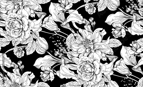 Seamless toile flower pattern in vector. Hand draw vintage floral pattern