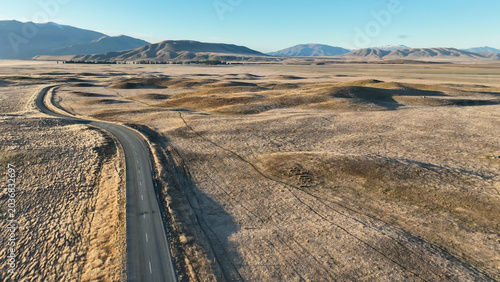 Aerial views of he mountains and valley of Lake Oahu near the small town of Twizel