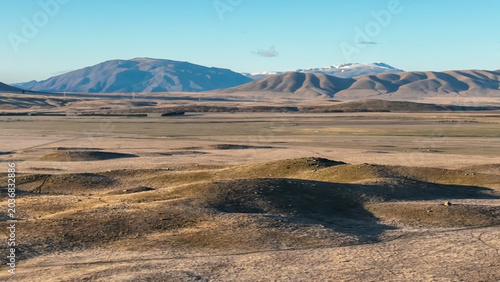 Aerial views of he mountains and valley of Lake Oahu near the small town of Twizel
