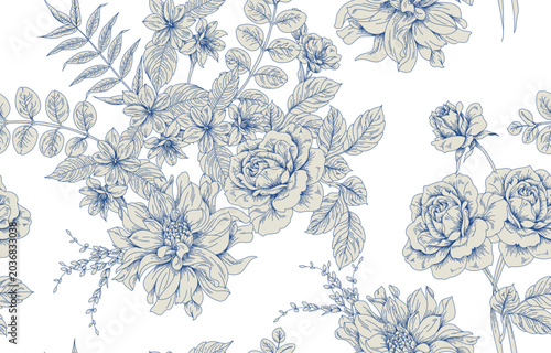 Seamless toile flower pattern in vector. Hand draw vintage floral pattern