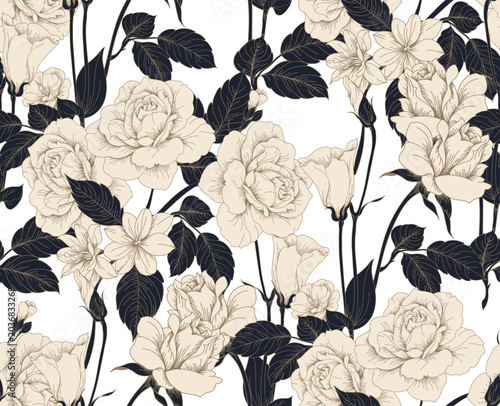Seamless toile flower pattern in vector. Hand draw vintage floral pattern