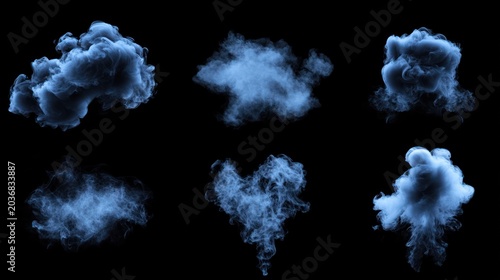 Six Abstract Blue Smoke Clouds on Black Background: Digital Art Collection