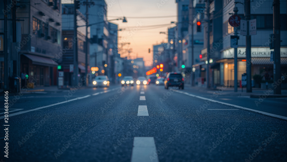 Fototapeta premium 夕暮れの街路と車の光がぼける都会的な背景