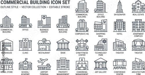 Commercial building and city architecture vector icon set featuring minimalist outline style illustrations of offices, skyscrapers, real estate properties, and business facilities
