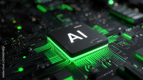 Glowing AI microchip on black motherboard with green data particles, artificial intelligence computing, semiconductor engineering, machine learning hardware, neural network process