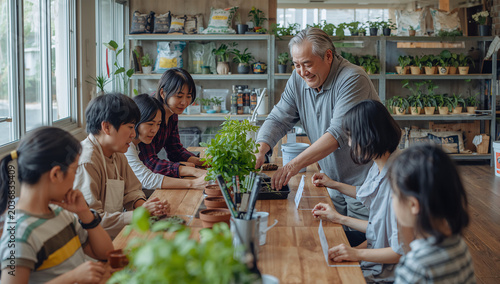 地域教室で子供たちに植え替えを教える日本人高齢男性