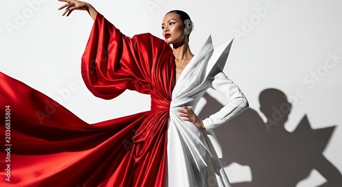 Woman posing in elegant red and white fashion gown.