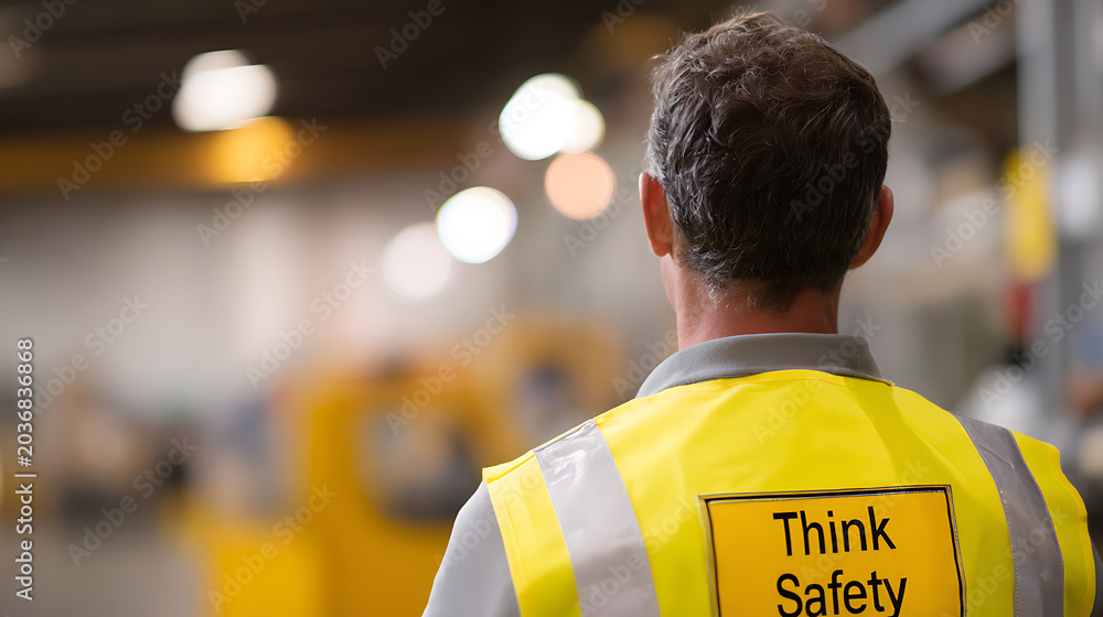 Fototapeta premium Rear view of a worker in a high-visibility yellow vest featuring 