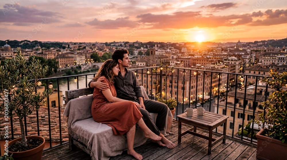 Fototapeta premium couples retreat, a young couple embraces on a rooftop terrace, enjoying a warm sunset