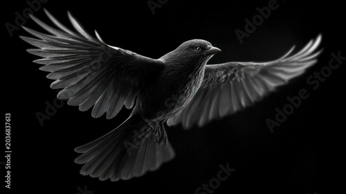 Dark bird in flight, wings spread wide, captured in striking black and white contrast