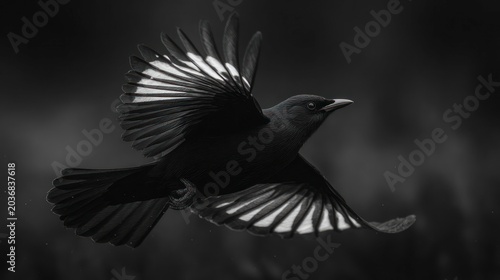 Dark bird with spread wings soaring against a blurred monochrome backdrop