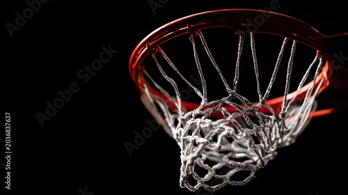 Close-up shot of a basketball hoop, emphasizing the net and rim against a black backdrop