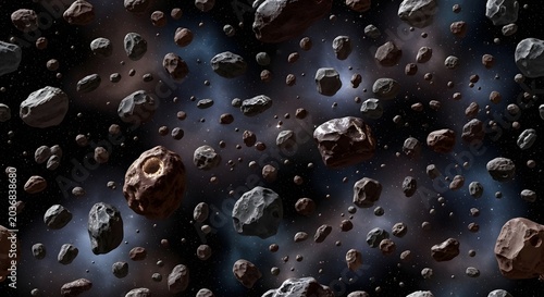 Asteroid Field in Deep Space with Distant Galaxy Background.