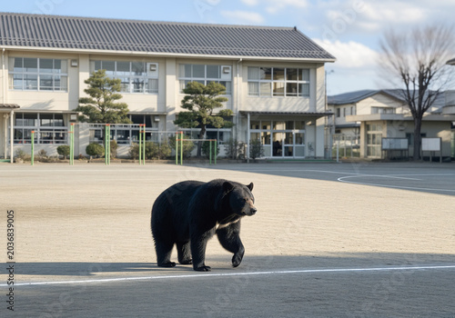 学校に侵入した野生の熊