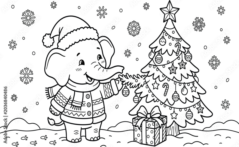 Fototapeta premium Christmas elephant decorating tree with gifts coloring page