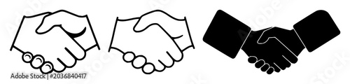 Solid black icon, white background: business handshake icon set with simple line art design featuring sketches, drawings, vector graphics with minimalist and simple illustrations