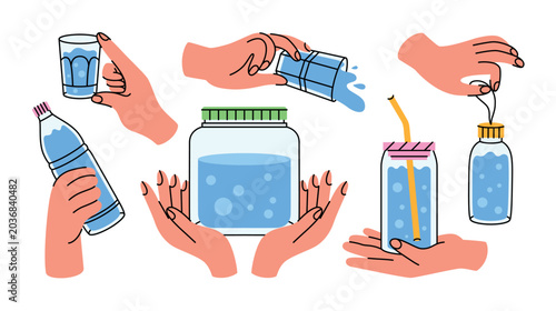 Bild auf Leinwand Colorful illustrations of different positions of human hands holding glass containers with water in cartoon style