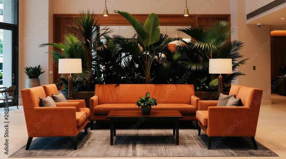 Obraz premium Modern hotel lobby with orange furniture and many green plants. Contemporary interior design offers comfy seating and warm lighting for guests. Relaxing atmosphere inside.