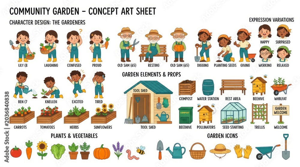 Fototapeta premium Community Garden Concept Art Sheet Featuring Gardeners and Elements.