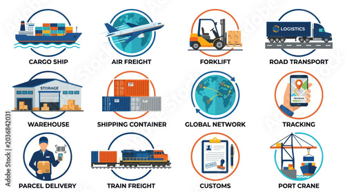 Photos Circular logistics service icons with descriptive text labels.