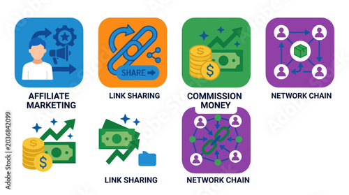 Tableau sur toile Colorful square icons for affiliate marketing and network sharing