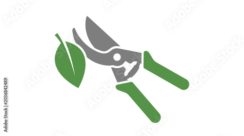 Garden pruning shears cutting green leaf icon.
