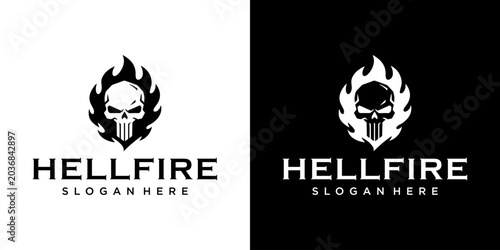 Quadro em tela Aggressive HELLFIRE Skull Logo Design in Vintage Style, Featuring a Scary Skul