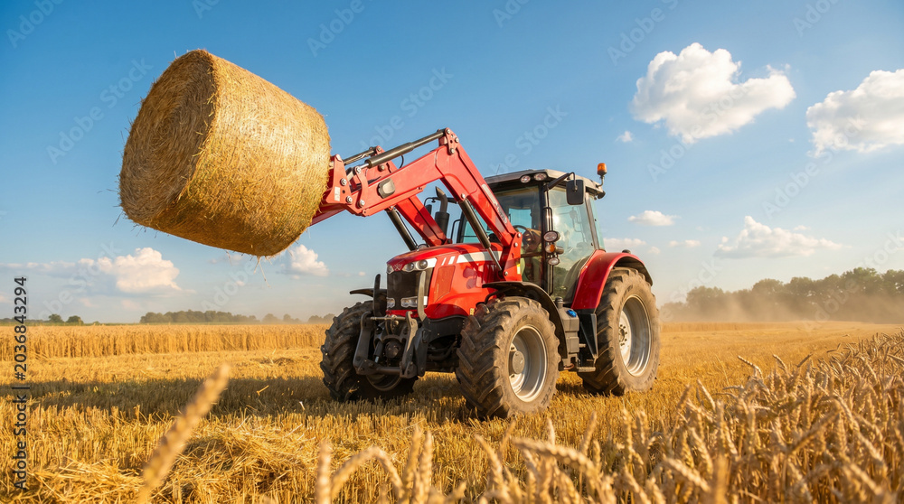 Obraz premium Red tractor lifting large round hay bale in golden wheat field under blue sky during summer harvest season on rural farm landscape with agricultural machinery working in sunlight morning.