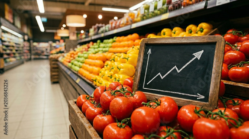 Wooden crates filled with red tomatoes in supermarket with chalkboard display showing rising economic line graph for food price inflation and agricultural market trends for consumers.