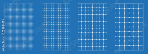 Blueprint grid set node circle geometry, four scale variations. Wide medium dense micro spacing comparison, engineering layouts dashboards notebook pages interface planning systems technology graphics