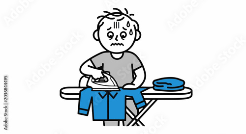 Young boy struggling with ironing blue shirt indoors.