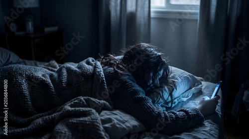 Tired female addicted to social media scrolling on mobile phone in dark bedroom feeling weary and empty at night