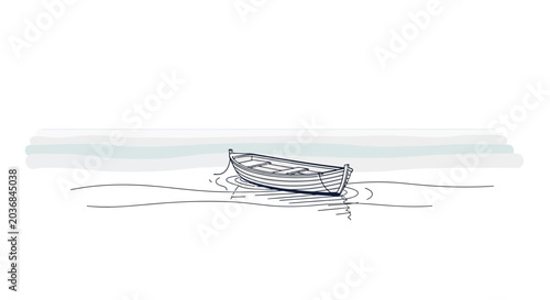 Slika na platnu Minimalist Rowboat on Calm Water, Simple Line Art Illustration