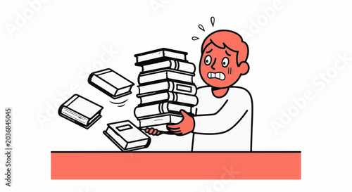 Overwhelmed man struggling with too many books to read.