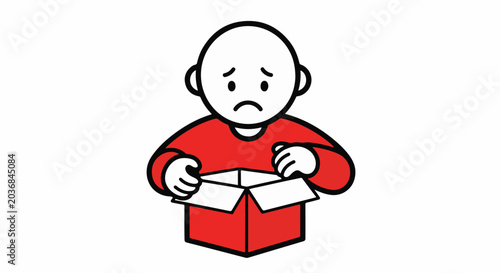 Sad cartoon character holding empty red gift box.