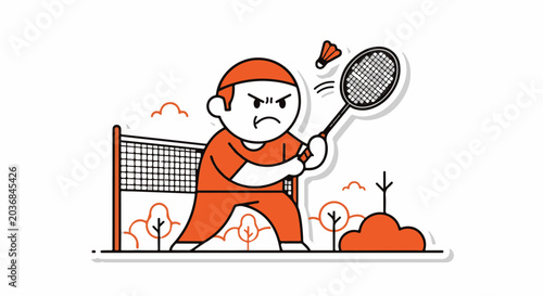 Cartoon character playing intense badminton match outdoors.