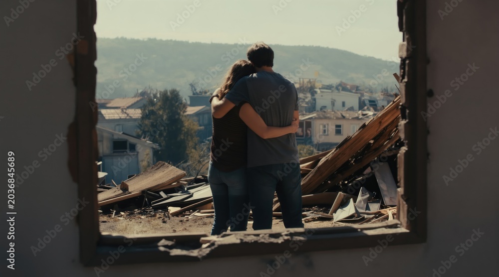 Fototapeta premium Couple hugs in destroyed homes, gazing at disaster aftermath. Showing emotional support, resilience, hope for recovery after tragedy. People stand together, offering comfort, solidarity. Survivors
