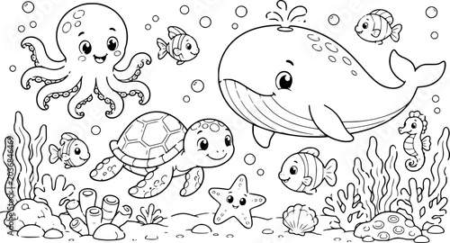 Charming cartoon sea creatures swim happily in an underwater world, a whimsical black and white line art illustration ideal for children's coloring pages