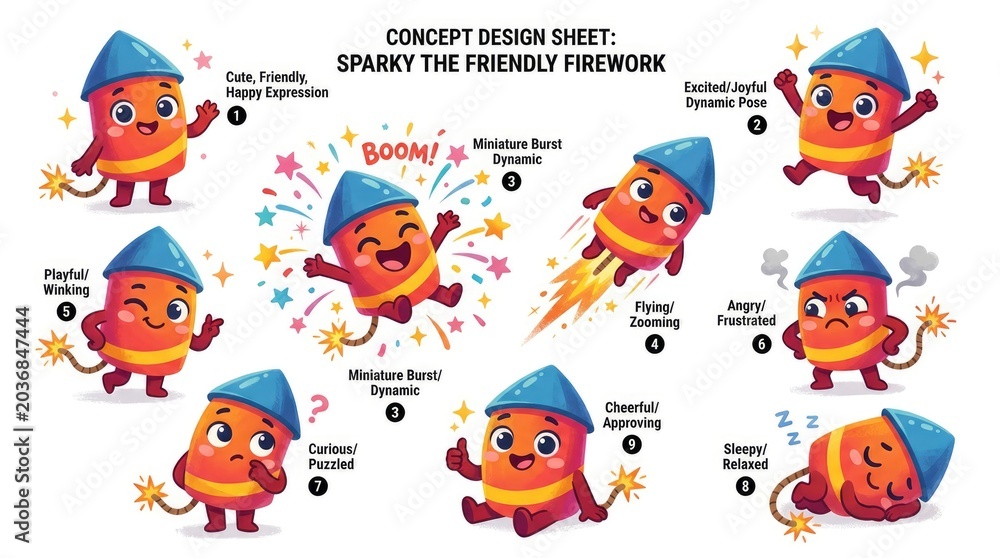 Obraz premium Sparky the Friendly Firework Concept Design Sheet with Various Expressions.