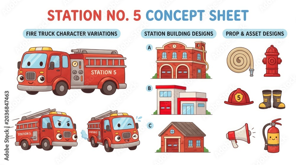 Fototapeta premium Station No. 5 Concept Sheet - Fire Truck Variations and Building Designs.