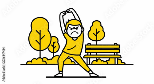 Cartoon character stretching arms in yellow park setting.