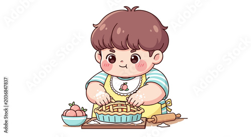 Cute cartoon child happily decorating a pie filling.
