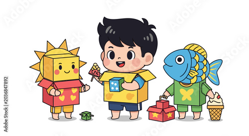 Cute Cartoon Characters Holding Nature and Fish Themed Items.