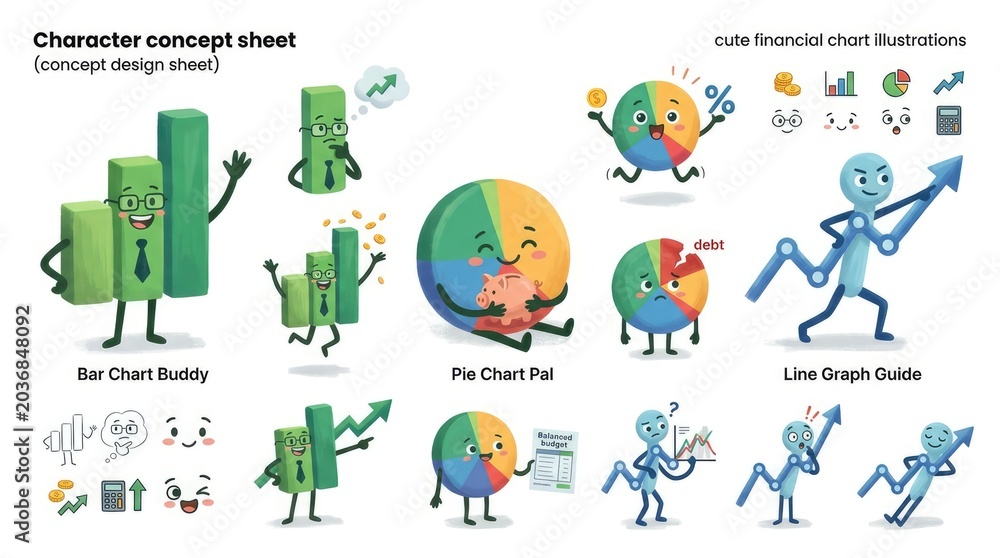 Fototapeta premium Whimsical Character Concept Sheet - Adorable Illustrations for Business and Data Visualization.