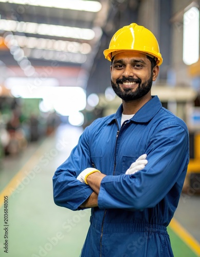 Smiling factory worker in yellow hard hat and blue coveralls, crossed arms, industrial workshop, safety gear, manufacturing labor