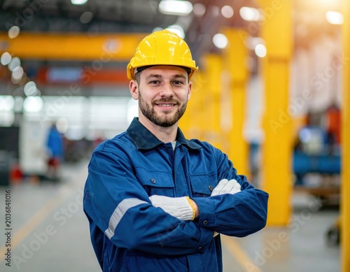Factory worker in yellow hard hat and blue coveralls, arms crossed in industrial workshop, safety uniform, manufacturing job
