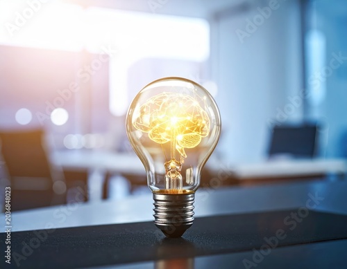 Glowing light bulb with brain filament on office desk, blurred workspace, innovation, creativity, business idea concept