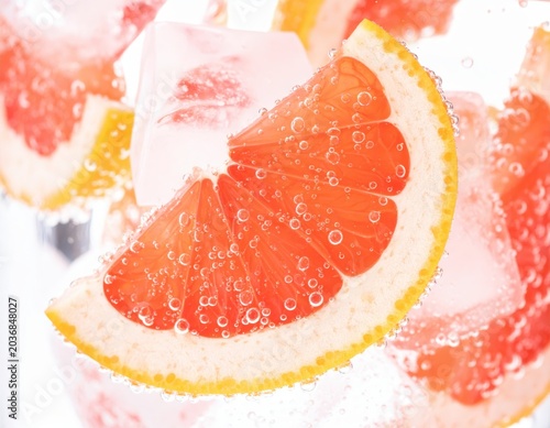 Grapefruit slice in sparkling water, citrus bubbles, refreshing drink, summer beverage, spa and wellness concept