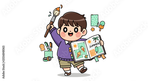 Happy cartoon boy holding colorful school supplies and book.